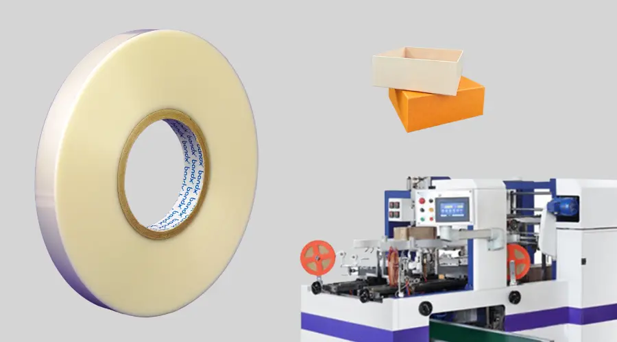 Rigid box corner tape shown with equipment used for reinforcing premium rigid box edges during production.